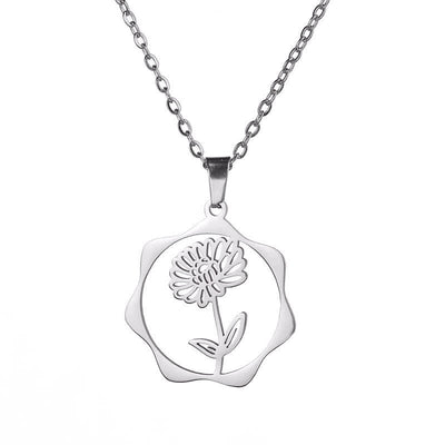 Buddha Stones Titanium Steel Birth Flower Lotus Enlightenment Pendant Necklace - Chrysanthemum - Silvery Titanium Steel - image 8