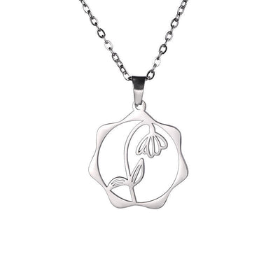 Buddha Stones Titanium Steel Birth Flower Lotus Enlightenment Pendant Necklace - Snowdrop - Silvery Titanium Steel - image 27