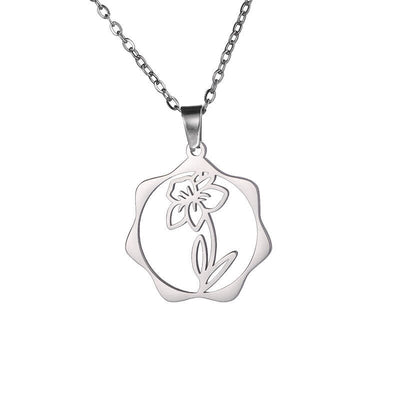Buddha Stones Titanium Steel Birth Flower Lotus Enlightenment Pendant Necklace - Narcissus - Silvery Titanium Steel - image 29