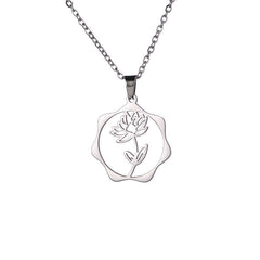 Buddha Stones Titanium Steel Birth Flower Lotus Enlightenment Pendant Necklace - Lotus - Silvery Titanium Steel - image 0