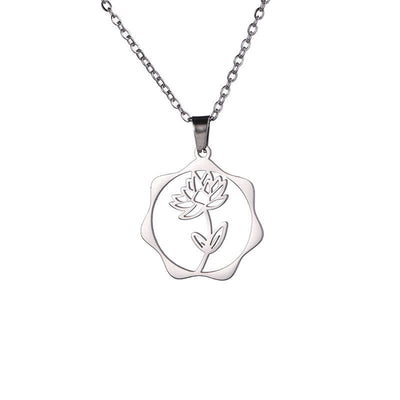 Buddha Stones Titanium Steel Birth Flower Lotus Enlightenment Pendant Necklace - Lotus - Silvery Titanium Steel - image 0