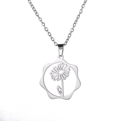 Buddha Stones Titanium Steel Birth Flower Lotus Enlightenment Pendant Necklace - Daisy - Silvery Titanium Steel - image 13