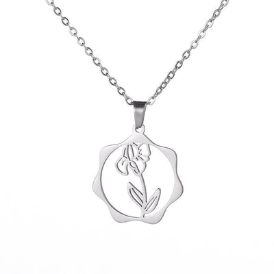 Buddha Stones Titanium Steel Birth Flower Lotus Enlightenment Pendant Necklace - Iris - Silvery Titanium Steel - image 17