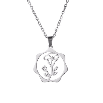 Buddha Stones Titanium Steel Birth Flower Lotus Enlightenment Pendant Necklace - Morning Glory - Silvery Titanium Steel - image 21