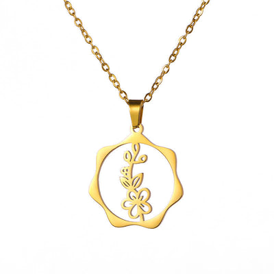 Buddha Stones Titanium Steel Birth Flower Lotus Enlightenment Pendant Necklace - Hawthorn Flower - Golden Titanium Steel - image 4