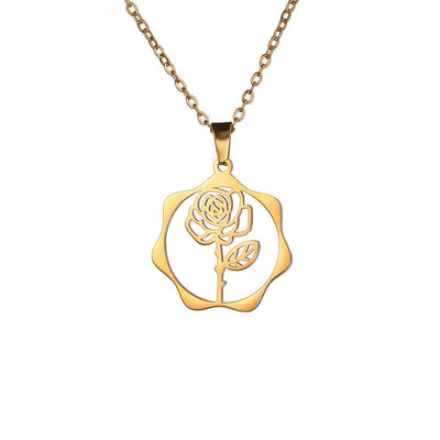 Buddha Stones Titanium Steel Birth Flower Lotus Enlightenment Pendant Necklace - Rose - Golden Titanium Steel - image 26
