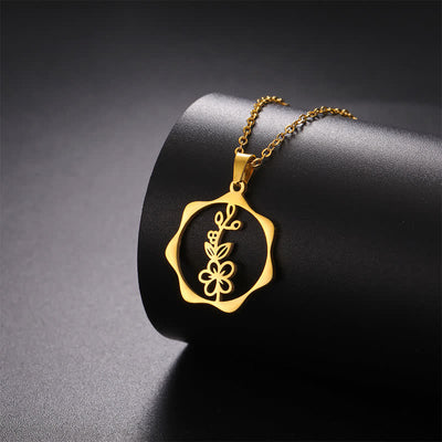 Buddha Stones Titanium Steel Birth Flower Lotus Enlightenment Pendant Necklace - image 6