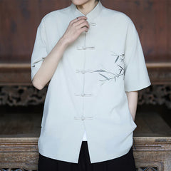 Buddha Stones Summer Tang Style Mandarin Collar Frog Button Bamboo Embroidery Men's Short Sleeve Shirts - White - US/UK/AU46，EU56 (5XL) - image 0