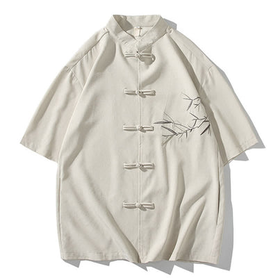 Buddha Stones Summer Tang Style Mandarin Collar Frog Button Bamboo Embroidery Men's Short Sleeve Shirts - Linen - US/UK/AU46，EU56 (5XL) - image 30