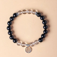 Buddha Stones Black Onyx Fu Character Beaded Luck Bracelet - Black Onyx Clear Quartz(Wrist Circumference:15–16 cm) - image 0