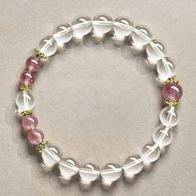 Buddha Stones Natural Clear Quartz Beaded Healing Bracelet - 8mm Clear Quartz Strawberry Quartz(Wrist Circumference:15–16 cm) - image 9