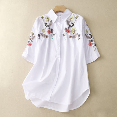 Buddha Stones Spring Summer Boho Embroidery Floral Women's Short Sleeve Shirt - White - US8-10，UK/AU12-14，EU40-42 (2XL) - image 6