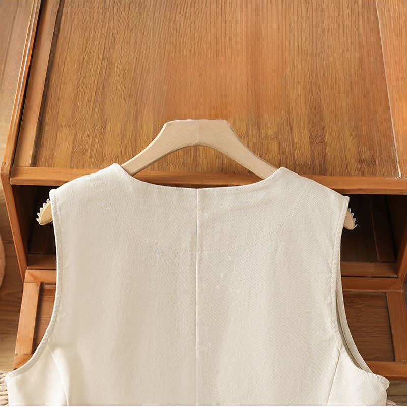 Buddha Stones Summer Vintage Button-Up Solid Women's Sleeveless Shirts With Decorative Pockets - image 3