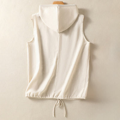 Buddha Stones Summer Casual Drawstring Solid Zipper Design Women's Sleeveless Hooded Shirts With Pockets - image 1