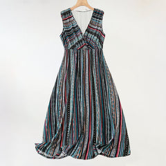 Buddha Stones Summer Bohemian Stripes V-Neck Women's Summer Sleeveless Dress - Black - US18，UK/AU22，EU50 (5XL) - image 0