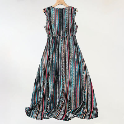 Buddha Stones Summer Bohemian Stripes V-Neck Women's Summer Sleeveless Dress - image 1