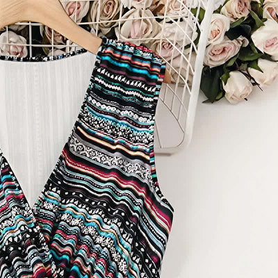 Buddha Stones Summer Bohemian Stripes V-Neck Women's Summer Sleeveless Dress - image 4