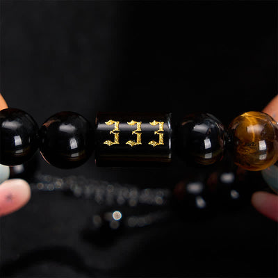 Buddha Stones Angel Number Natural Black Obsidian Tiger Eye Strength Fulfillment Bracelet - image 1