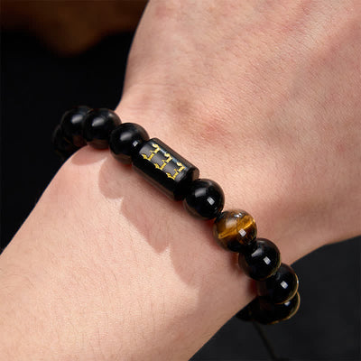 Buddha Stones Angel Number Natural Black Obsidian Tiger Eye Strength Fulfillment Bracelet - image 3