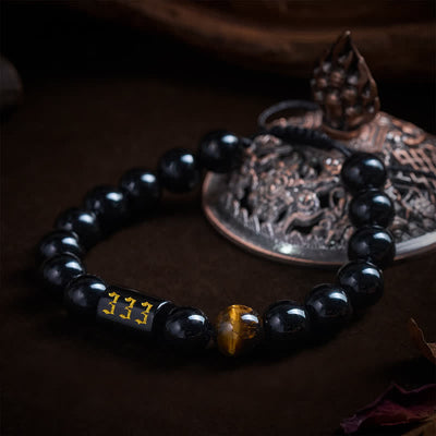 Buddha Stones Angel Number Natural Black Obsidian Tiger Eye Strength Fulfillment Bracelet - image 2