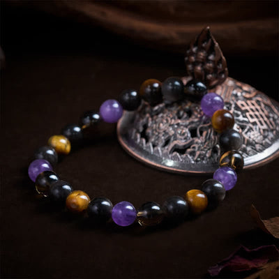 Buddha Stones Natural Amethyst Tiger Eye Black Obsidian Smoky Quartz Healing Bracelet - image 3