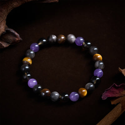 Buddha Stones Natural Amethyst Tiger Eye Black Obsidian Smoky Quartz Healing Bracelet - image 4