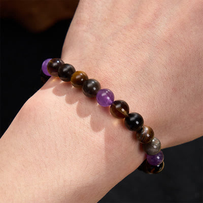 Buddha Stones Natural Amethyst Tiger Eye Black Obsidian Smoky Quartz Healing Bracelet - image 5