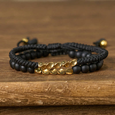 Buddha Stones 2Pcs Natural Frosted Stone Bead Copper String Cure Bracelet - Black + Frosted Stone(Wrist Circumference:17-28cm) - image 9