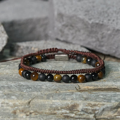 Buddha Stones 2Pcs Natural Tiger Eye Black Obsidian Protection String Bracelet - image 1