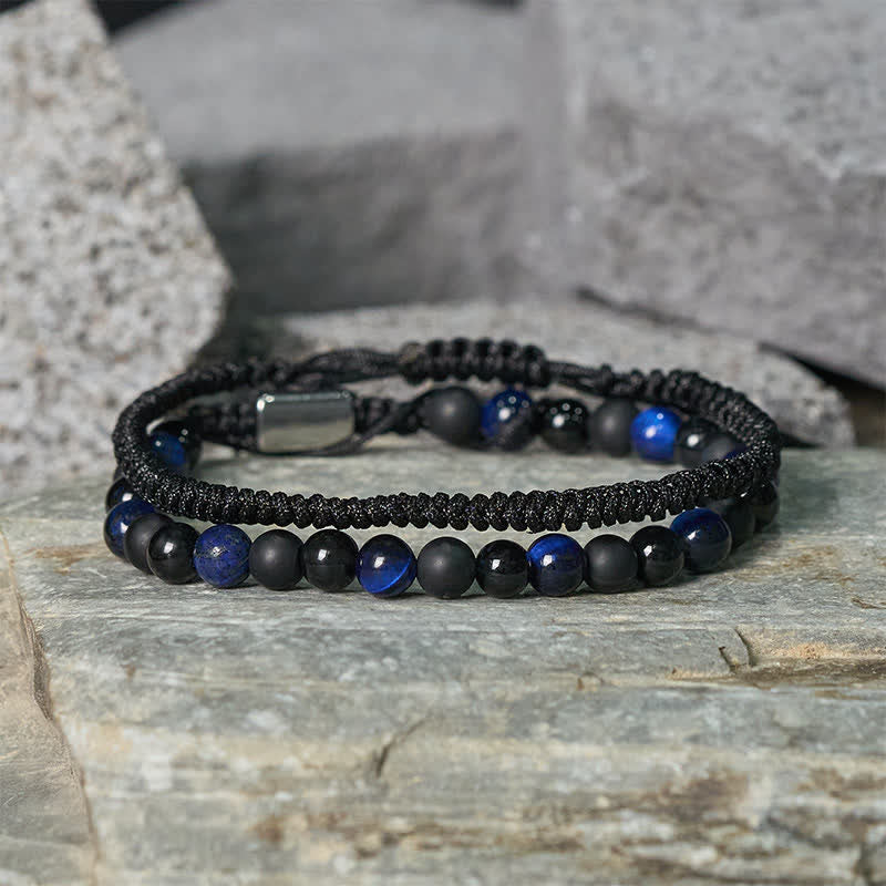 Buddha Stones 2Pcs Natural Tiger Eye Black Obsidian Protection String Bracelet - image 13