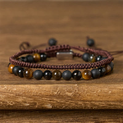 Buddha Stones 2Pcs Natural Tiger Eye Black Obsidian Protection String Bracelet - Yellow Tiger's Eye(Wrist Circumference:16-28cm) - image 0