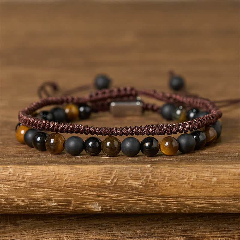 Buddha Stones 2Pcs Natural Tiger Eye Black Obsidian Protection String Bracelet - Yellow Tiger's Eye(Wrist Circumference:16-28cm) - image 0