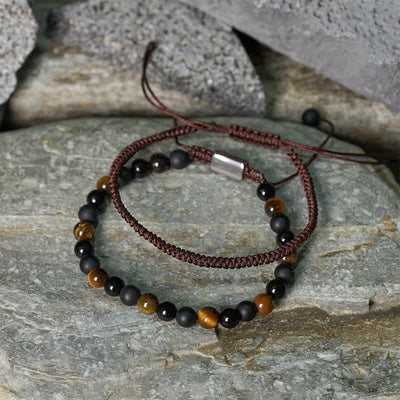 Buddha Stones 2Pcs Natural Tiger Eye Black Obsidian Protection String Bracelet - image 2