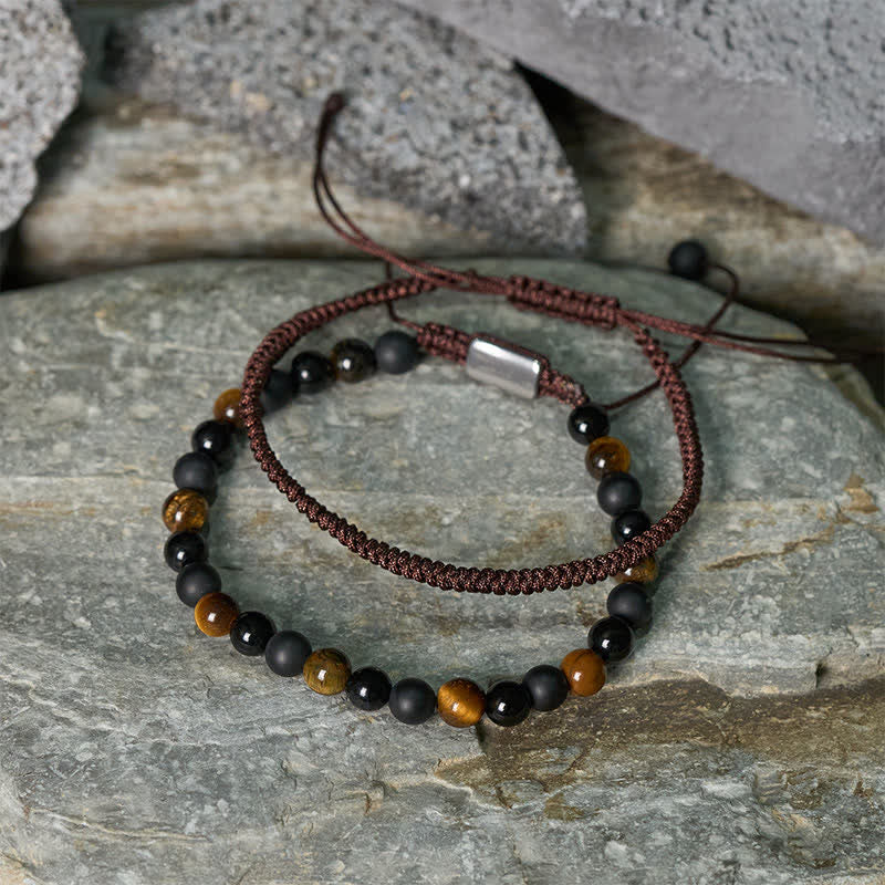 Buddha Stones 2Pcs Natural Tiger Eye Black Obsidian Protection String Bracelet - image 2