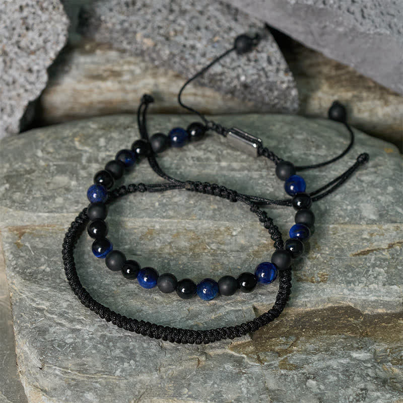 Buddha Stones 2Pcs Natural Tiger Eye Black Obsidian Protection String Bracelet - image 14