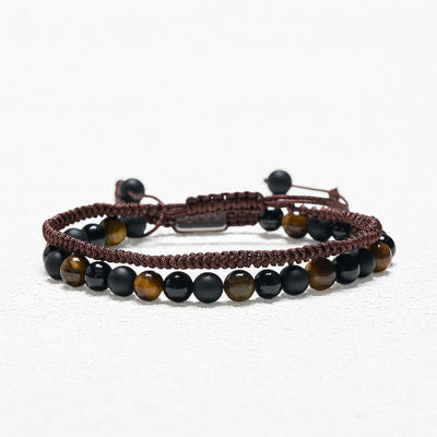 Buddha Stones 2Pcs Natural Tiger Eye Black Obsidian Protection String Bracelet - image 3