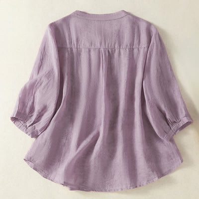 Buddha Stones Summer Vintage Button-Up Solid Women's Elbow-Length Sleeve Shirts - image 20