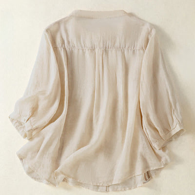 Buddha Stones Summer Vintage Button-Up Solid Women's Elbow-Length Sleeve Shirts - image 13