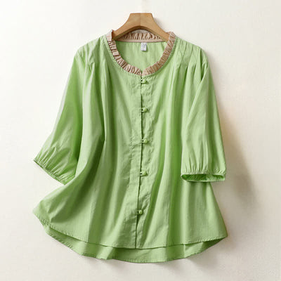 Buddha Stones Summer Casual Button Up Solid Ruffled Collar Cotton Women's Short Sleeve Shirt - PaleGreen - US8-10，UK/AU12-14，EU40-42 (2XL) - image 12