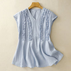 Buddha Stones Summer Casual Solid V-Neck Vertical Ruffle Pleat Women's Sleeveless T-Shirts Tank Top - image 0