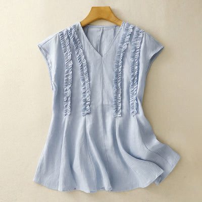 Buddha Stones Summer Casual Solid V-Neck Vertical Ruffle Pleat Women's Sleeveless T-Shirts Tank Top - image 0