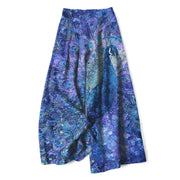 Foviel Cotton Linen Peacock Feather Pattern Women's Elastic Waist Wide Leg Pants With Pockets