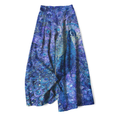 Buddha Stones Cotton Linen Peacock Feather Pattern Women's Elastic Waist Wide Leg Pants With Pockets - RoyalBlue - US16，UK/AU20，EU48 (3XL) - image 6