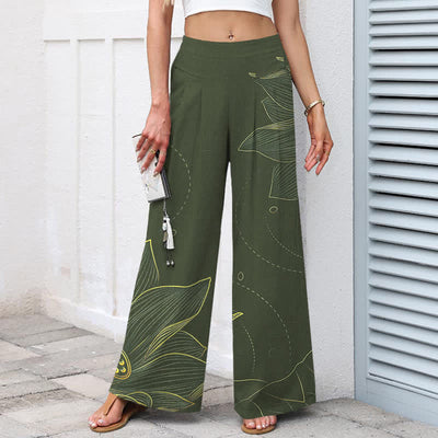 Buddha Stones Cotton Linen Lotus Line Art Pattern Women's Elastic Waist Wide Leg Pants With Pockets - image 5