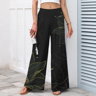 Buddha Stones Cotton Linen Lotus Line Art Pattern Women's Elastic Waist Wide Leg Pants With Pockets - image 7