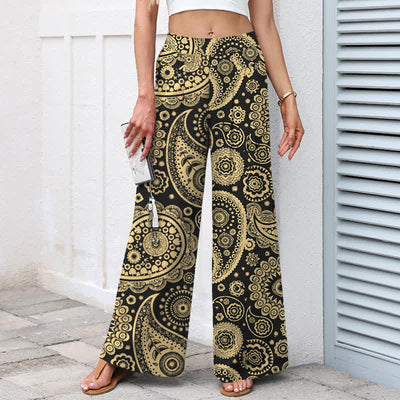 Buddha Stones Cotton Linen Bohemian Paisley Pattern Women's Elastic Waist Wide Leg Pants With Pockets - image 5