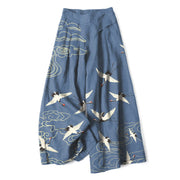 Foviel Baumwolle Leinen Crane Cloud Muster Damen elastische Taille weites Bein Hose mit Taschen