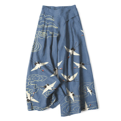 Buddha Stones Cotton Linen Crane Cloud Pattern Women's Elastic Waist Wide Leg Pants With Pockets - SteelBlue - US16，UK/AU20，EU48 (3XL) - image 0