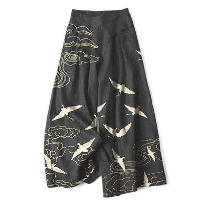 Buddha Stones Cotton Linen Crane Cloud Pattern Women's Elastic Waist Wide Leg Pants With Pockets - Black - US16，UK/AU20，EU48 (3XL) - image 4