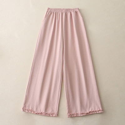 Buddha Stones Spring Casual Solid Cotton Ruffle Hem Women's Wide Leg Pants With Pockets - image 13
